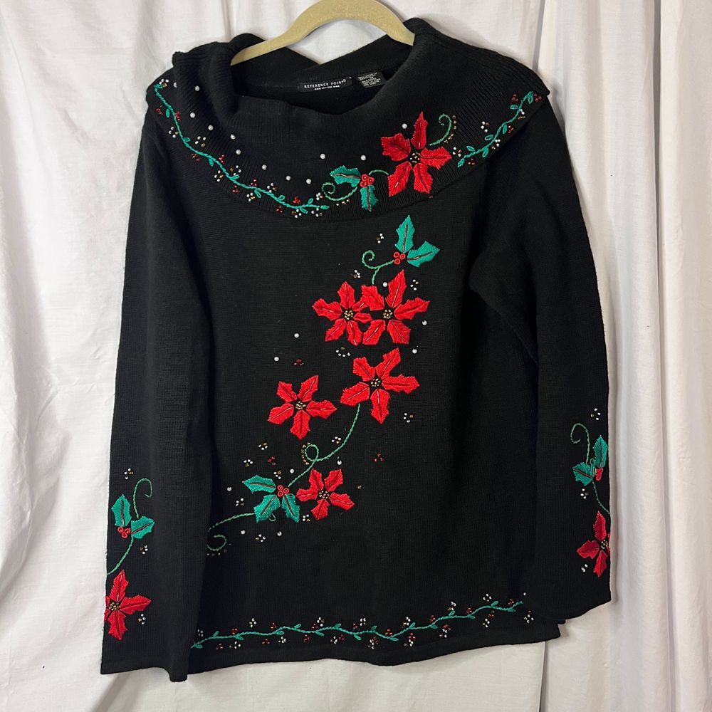 Reference Point Women's Cowl neck Black Embroidered Poinsettias Beaded Sz Medium